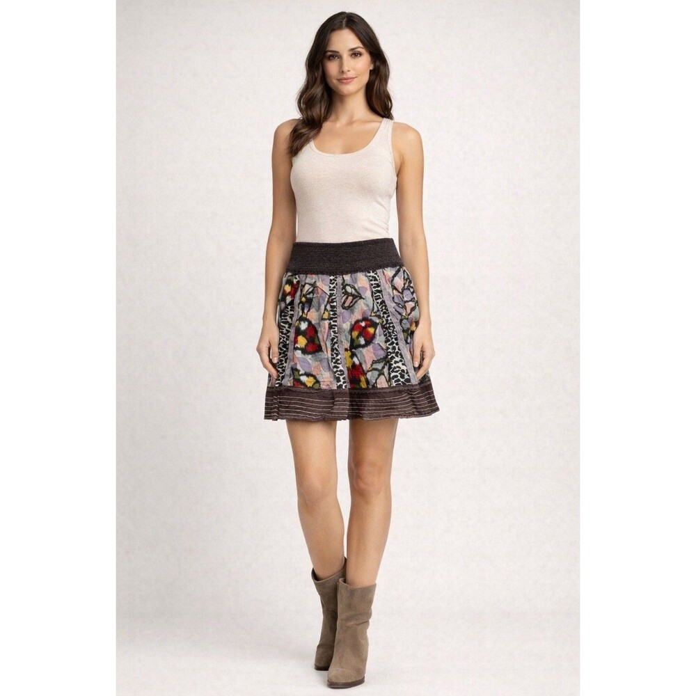 Free People Boho patchwork mini skirt in Sz M embroidered tiered indie Festival